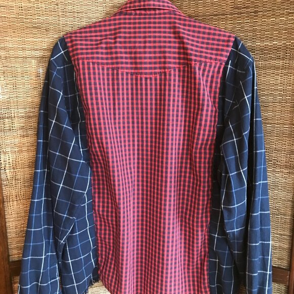 Upcycled Plaid Western Shirt, M to L: Oversized Mixed Print Top, Snaps Fringe - Picture 8 of 10